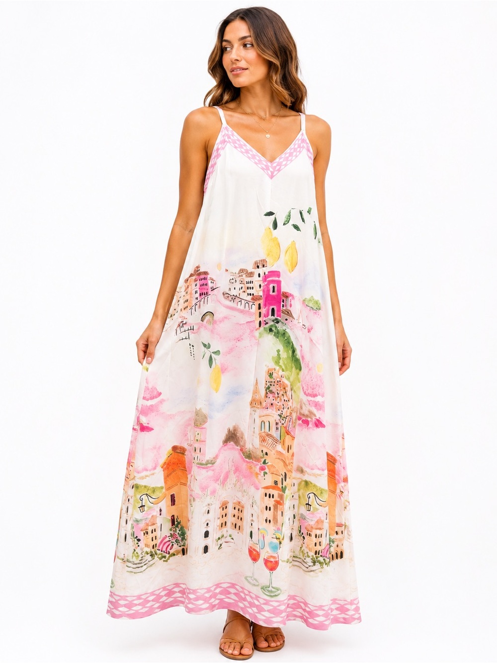 201.Made in  ITALY 🇮🇹Pink & White Watercolor Maxi Slip Dress Viscose